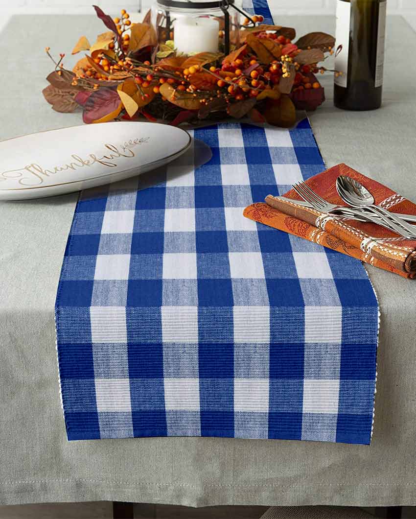Buffalo Checks Cotton Ribbed 4 Seater Table Runner | 13 X 51 Inches | Single Blue