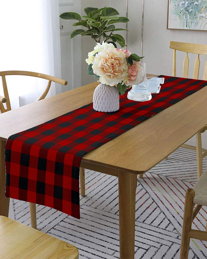 Buffalo Checks Cotton Ribbed 4 Seater Table Runner | 13 X 51 Inches | Single Red & Black