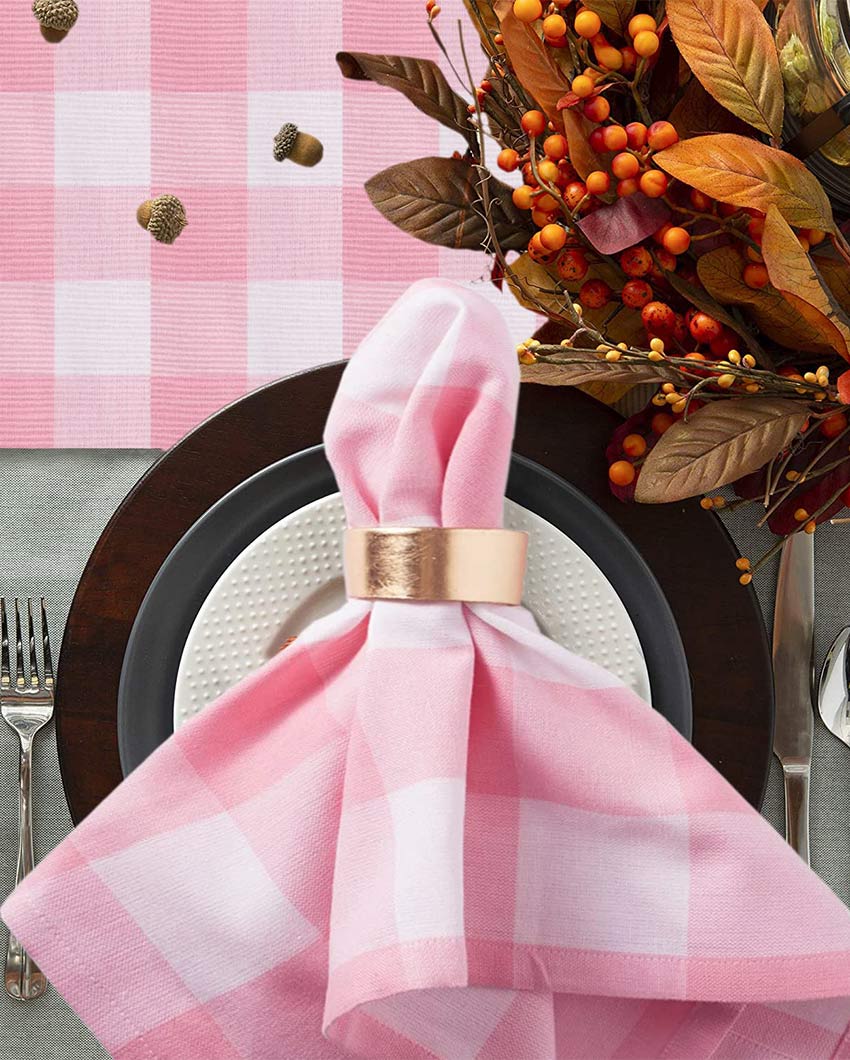 Buffalo Checks Cotton Ribbed 4 Seater Table Runner | 13 X 51 Inches | Single Pink