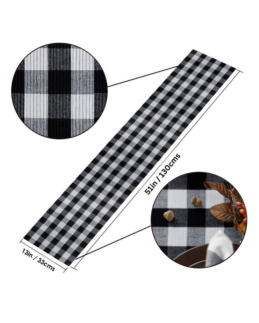 Buffalo Checks Cotton Ribbed 4 Seater Table Runner | 13 X 51 Inches | Single Black & White