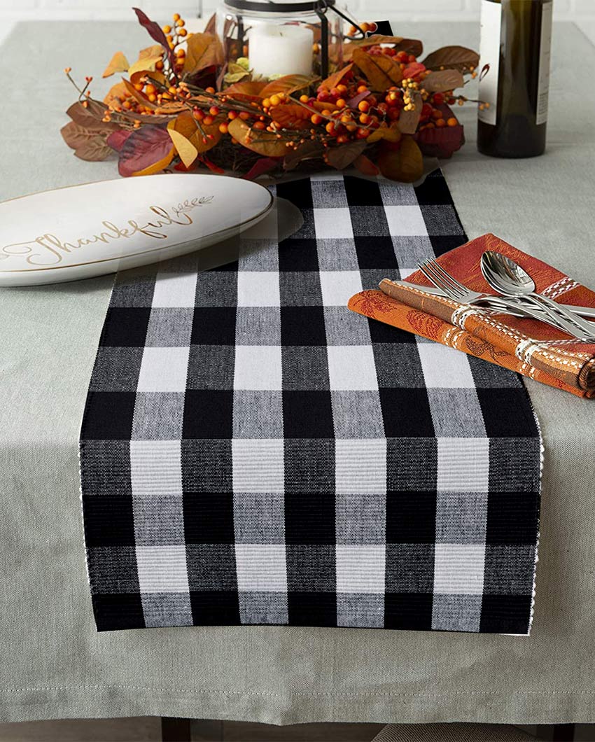 Buffalo Checks Cotton Ribbed 4 Seater Table Runner | 13 X 51 Inches | Single Black & White