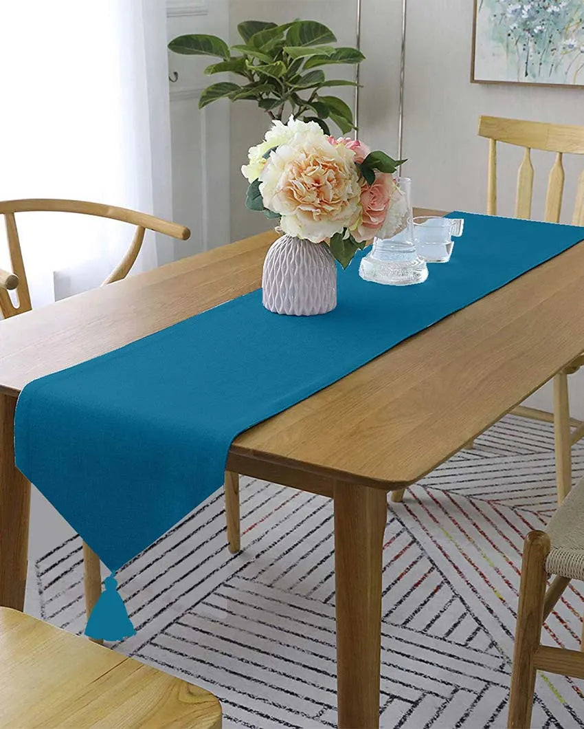 Classic Tassel Cotton Dining  6 Seater Table Runner | 13 X 72 Inches | Single Teal Blue