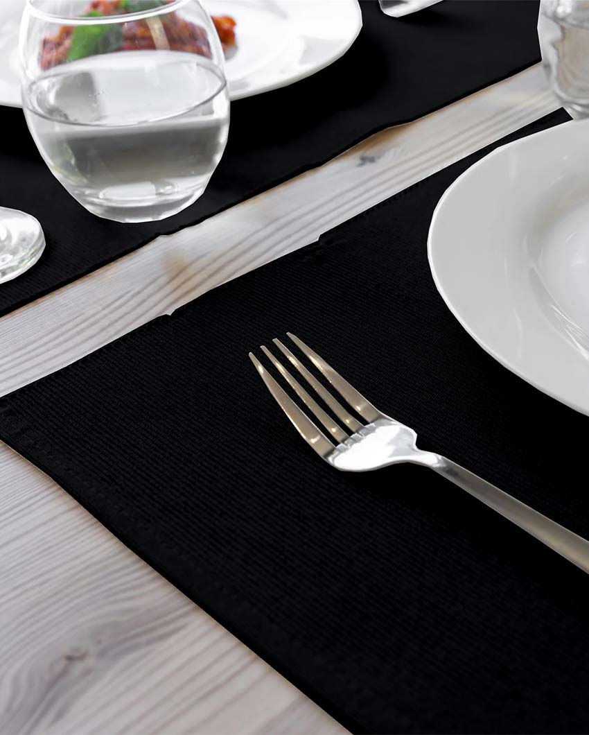 Solid Cotton 4 Seater Table Runner with Placemats Set Black