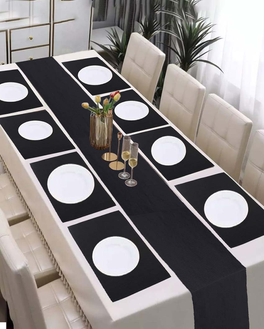 Premium Cotton 8 Seater Table Runner with Placemats Set Black