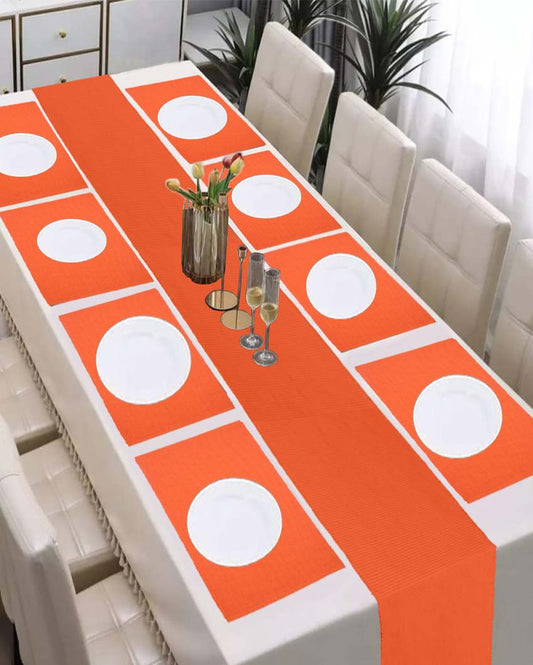 Premium Cotton 8 Seater Table Runner with Placemats Set Orange