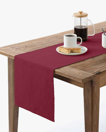 Decorative RIbbed Cotton 8 Seater Table Runner | 13 X 98 Inches | Single Maroon