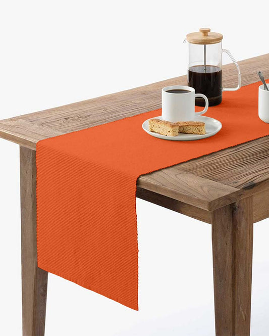 Decorative RIbbed Cotton 8 Seater Table Runner | 13 X 98 Inches | Single Orange