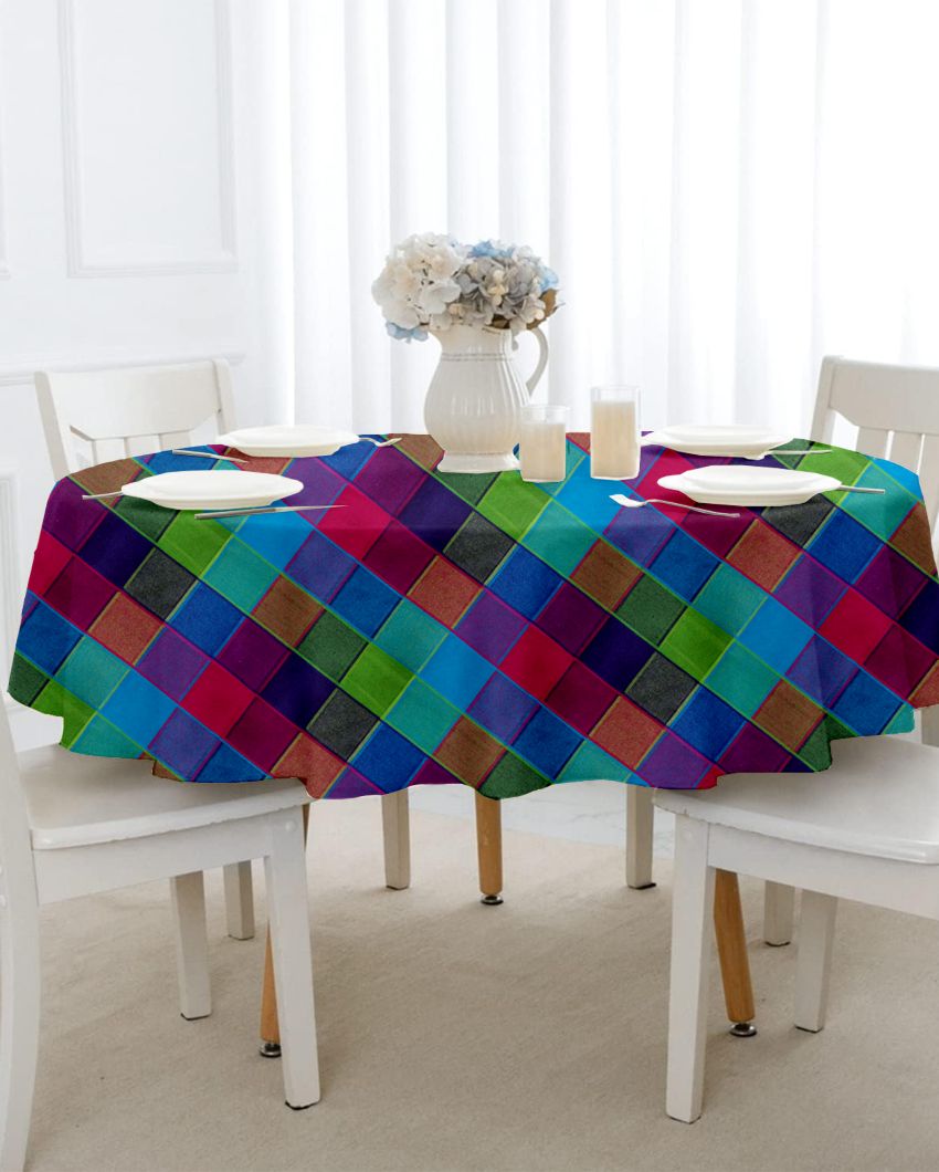 Multi Checks Round Cotton 4 Seater Table Cover | 60X60 inches Multicolor