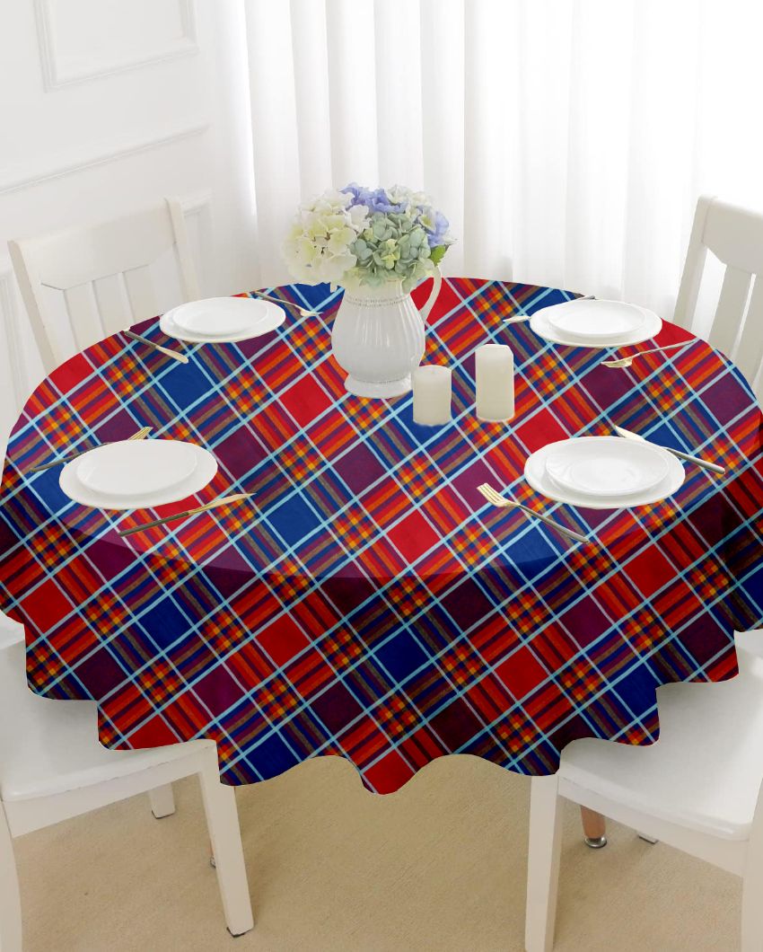 Round Multi Checks Cotton 6 Seater Table Cover | 72X72 inches Red