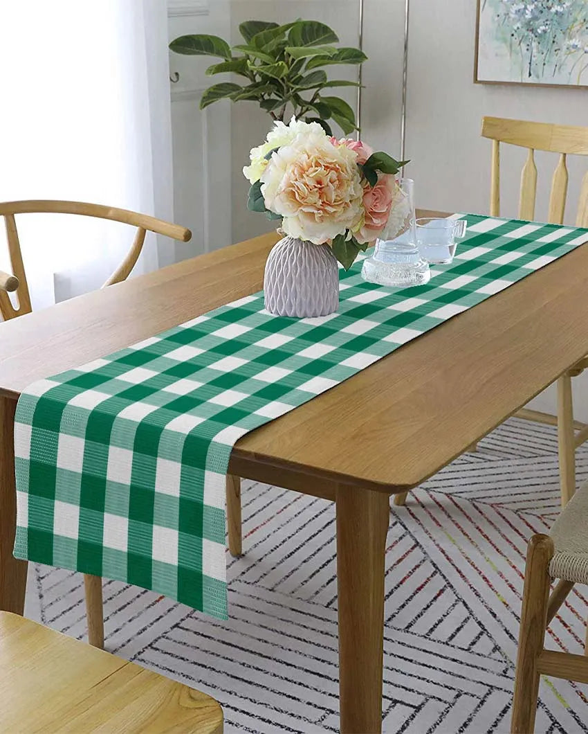 Buffalo Checks Crochet 6 Seater Cotton Table Runner | 13 X 72 Inches | Single Green