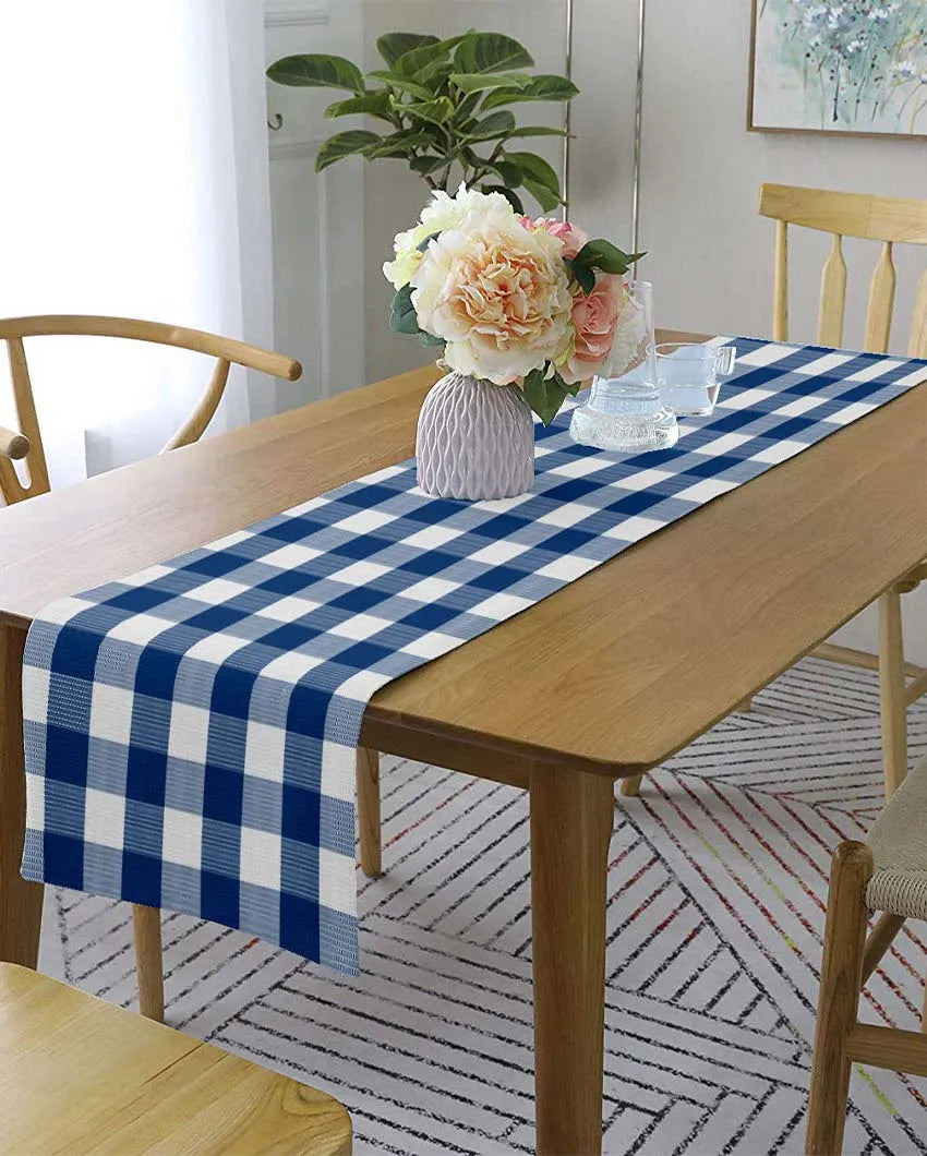 Buffalo Checks Crochet 6 Seater Cotton Table Runner | 13 X 72 Inches | Single Blue