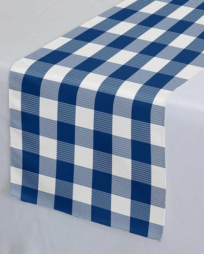 Buffalo Checks Crochet 6 Seater Cotton Table Runner | 13 X 72 Inches | Single Blue