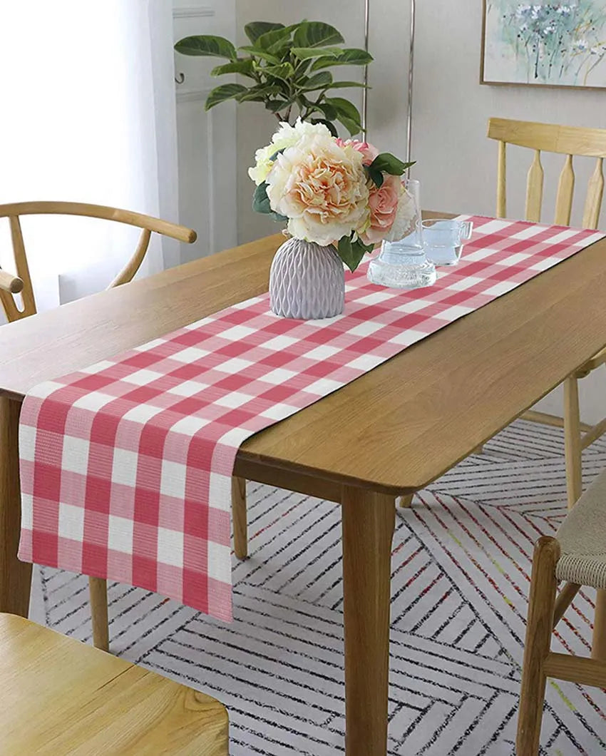 Buffalo Checks Crochet 6 Seater Cotton Table Runner | 13 X 72 Inches | Single Pink