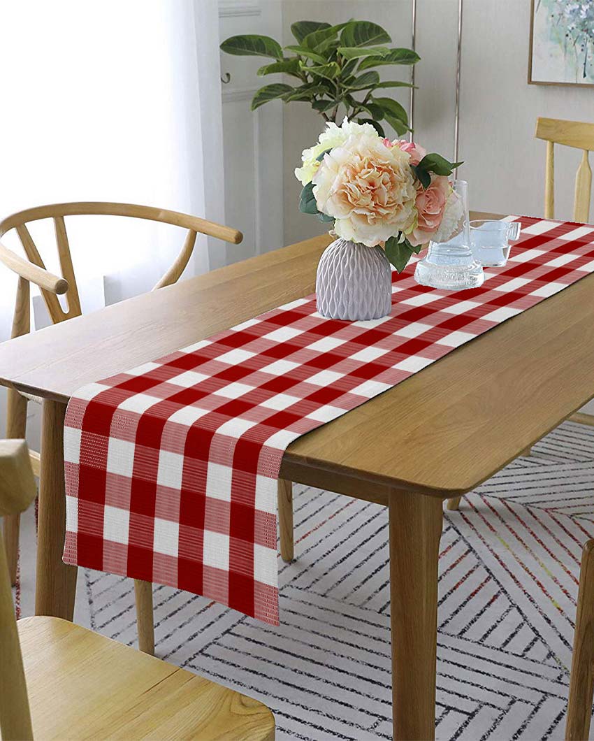 Buffalo Checks Crochet 6 Seater Cotton Table Runner | 13 X 72 Inches | Single Red