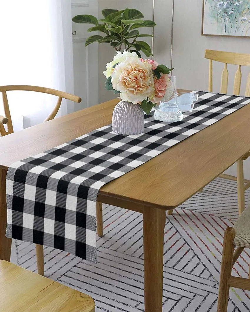 Buffalo Checks Crochet 6 Seater Cotton Table Runner | 13 X 72 Inches | Single Black