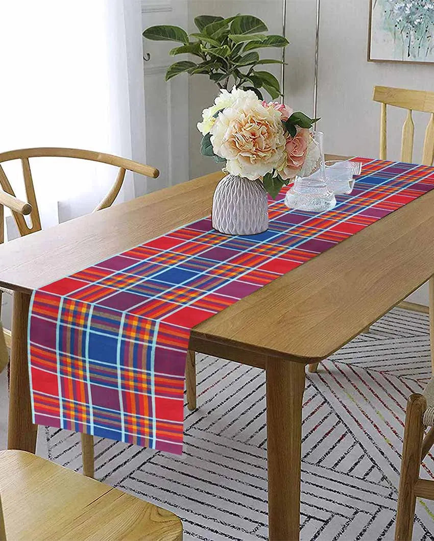 Modern Checked Cotton 6 Seater Table Runner | 13 X 72 Inches | Single Red