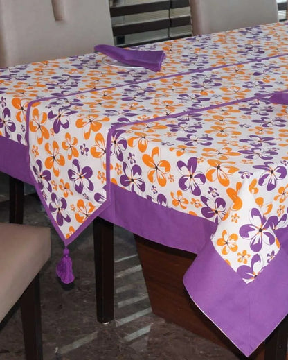 Colorful Blossom Printed Cotton Dinning Table Cloth Set | Set of 1 Table Cover, 1 Table Runner, 4 Napkins