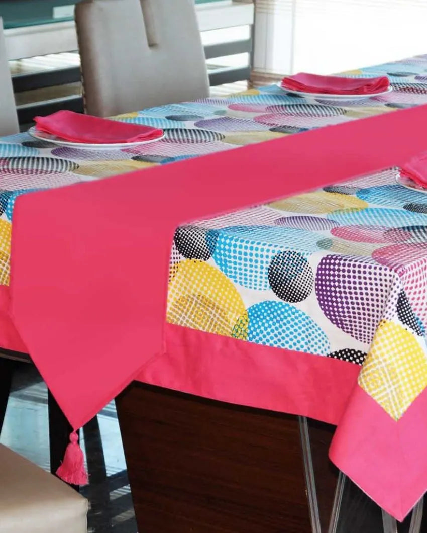 Colorful Circles Printed 6 Seater Cotton Table Cover Linen Set | Set of 1 Table Cover, 1 Table Runner, 6 Napkins