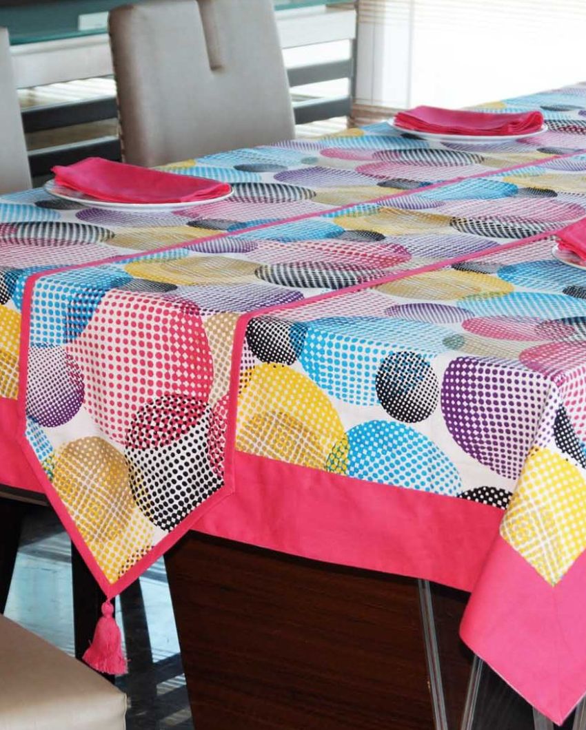 Colorful Circles Printed 6 Seater Cotton Table Cover Linen Set | Set of 1 Table Cover, 1 Table Runner, 6 Napkins