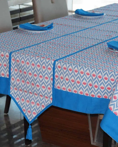 Colorful Diamond Printed 6 Seater Cotton Table Cover Linen Set | Set of 1 Table Cover, 1 Table Runner, 6 Napkins