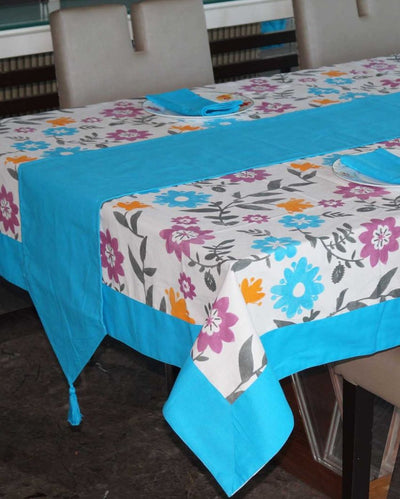 Flower Colorful Printed 6 Seater Cotton Table Cover Linen Set | Set of 1 Table Cover, 1 Table Runner, 6 Napkins