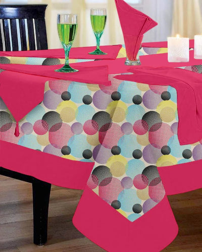 Circles Printed Cotton Dining Table Linen Cover 6 Seater Set | Set of 1 Table Cover, 1 Table Runner, 6 Napkins