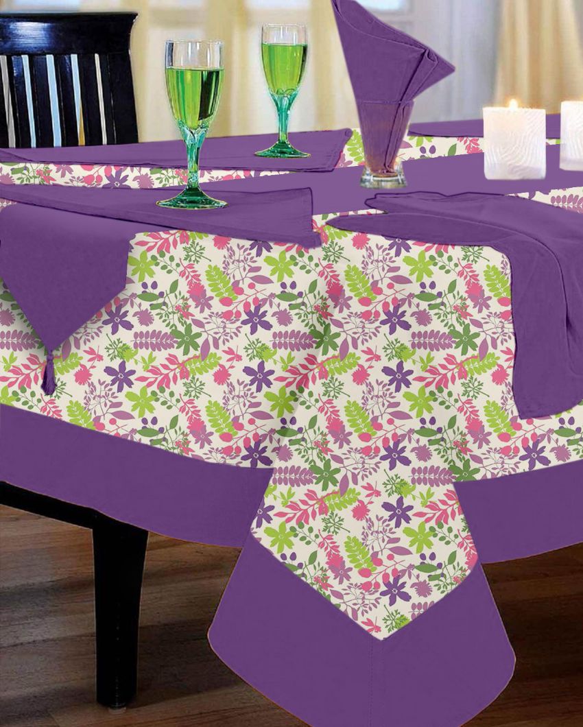 Rain & Floral Printed Cotton Dining Table Linen Cover 6 Seater Set | Set of 1 Table Cover, 1 Table Runner, 6 Napkins