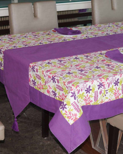 Rain & Floral Printed Cotton Dining Table Linen Cover 6 Seater Set | Set of 1 Table Cover, 1 Table Runner, 6 Napkins