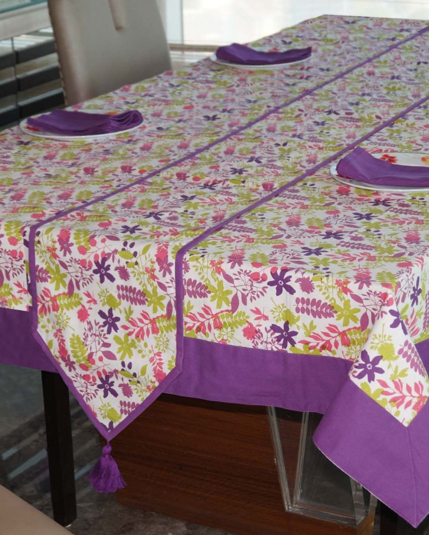 Rain & Floral Printed Cotton Dining Table Linen Cover 6 Seater Set | Set of 1 Table Cover, 1 Table Runner, 6 Napkins