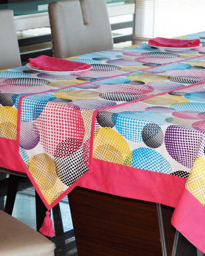 Circles Printed 12 Seater Cotton Table Cover Linen Set | Set of 1 Table Cover, 1 Table Runner, 12 Napkins