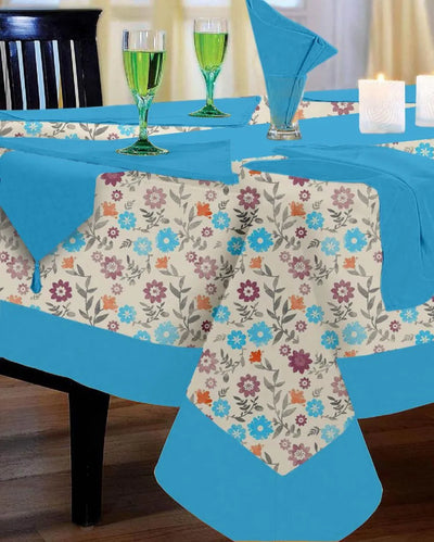 Flower Printed 12 Seater Cotton Table Cover Linen Set | Set of 1 Table Cover, 1 Table Runner, 12 Napkins