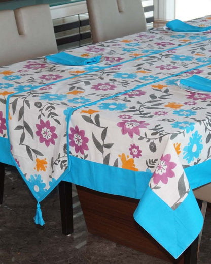 Flower Printed 12 Seater Cotton Table Cover Linen Set | Set of 1 Table Cover, 1 Table Runner, 12 Napkins