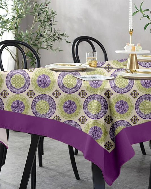 Circle Printed Cotton Linen 6 Seaters Dining Table Cover | 90 X 60 Inches