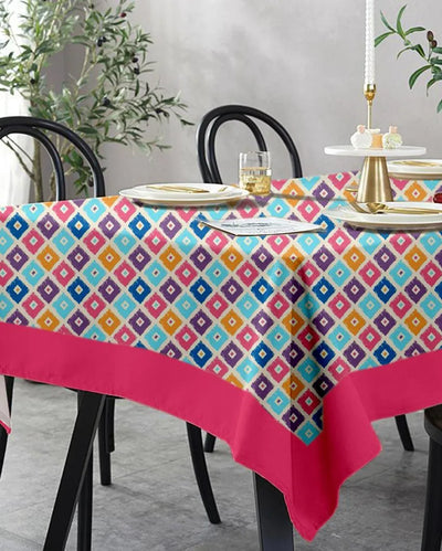 Colorful Square Printed Cotton Linen 6 Seaters Dining Table Cover | 90 X 60 Inches