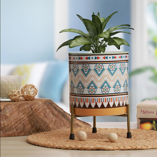 White Cylindrical Meena Metal Pot with Stand Default Title