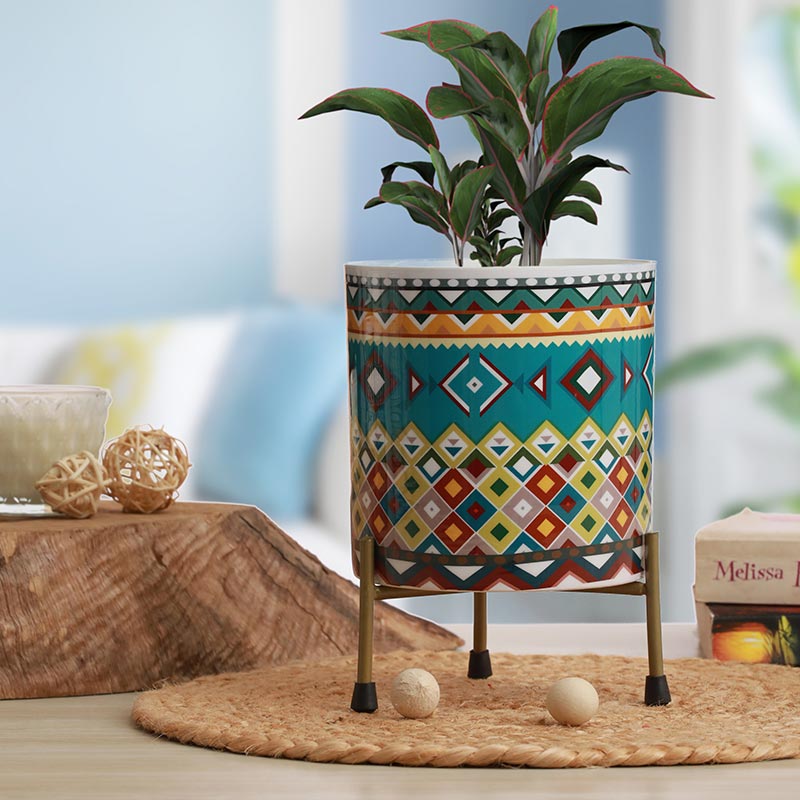 Cylindrical Meena Metal Pot with Stand Default Title