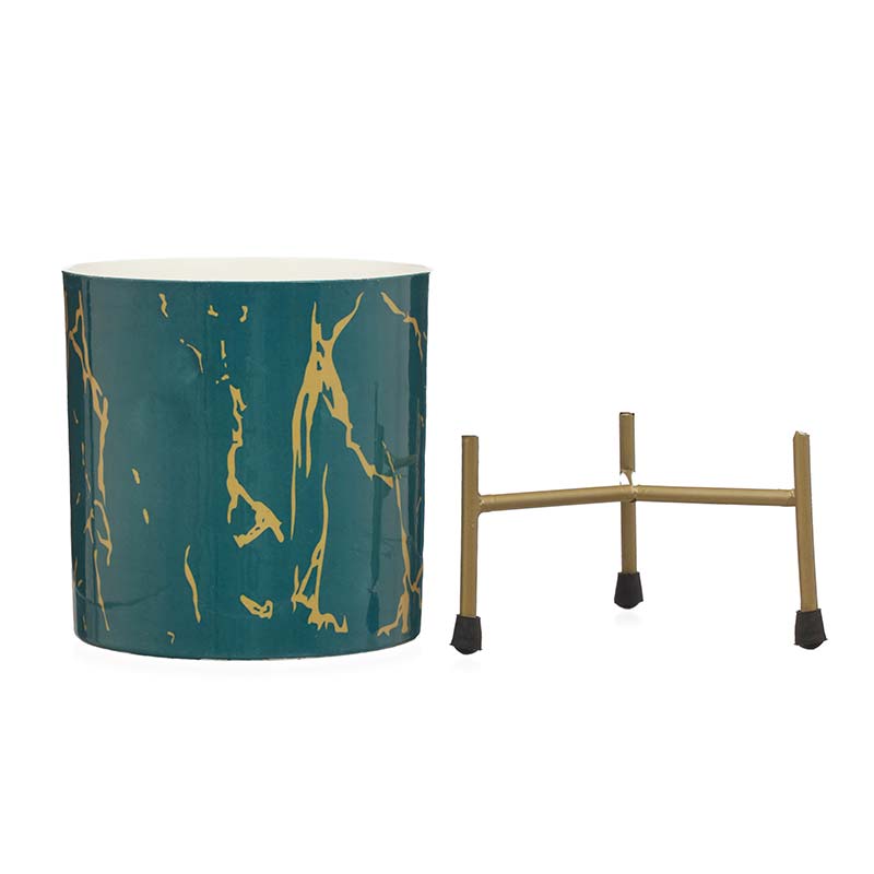 Designer Cylindrical Meena Metal Pot with Stand Green