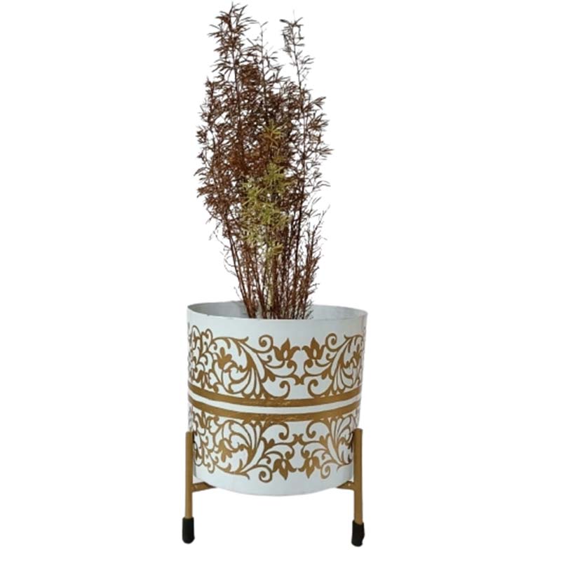 White & Gold Cylindrical Meena Metal Pot with Stand Default Title