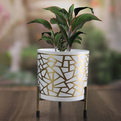 White & Gold Cylindrical Meena Metal Pot with Stand Default Title