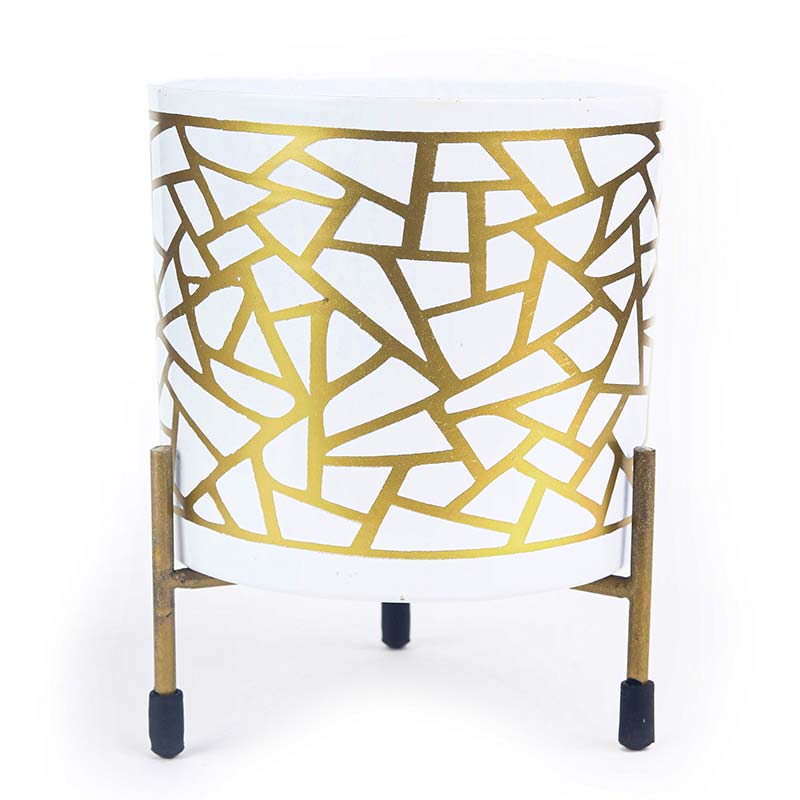 White & Gold Cylindrical Meena Metal Pot with Stand Default Title