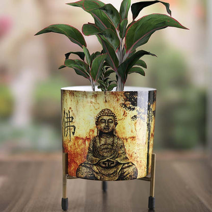 Buddha Design Cylindrical Meena Metal Pot with Stand Default Title