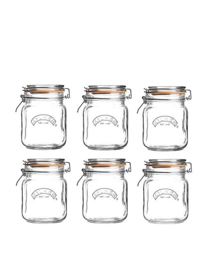 Square Clip Top Glass Storage Jars | Set Of 6 | 1 Litre