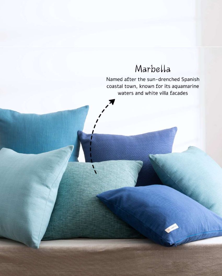 Vibrant Marbella Blue Cotton Throw Pillow Cover