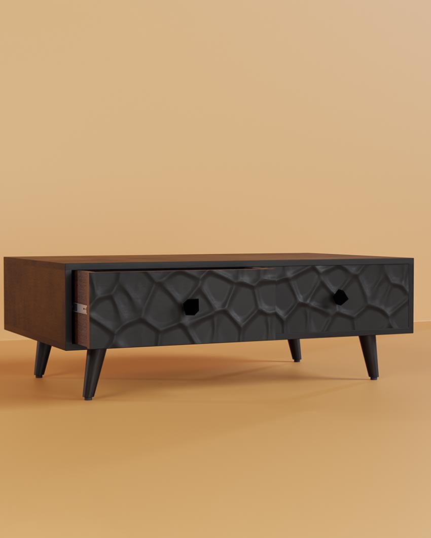 Unique Black Crater Two Drawer Coffee Table | 47 x 28 x 16 inches