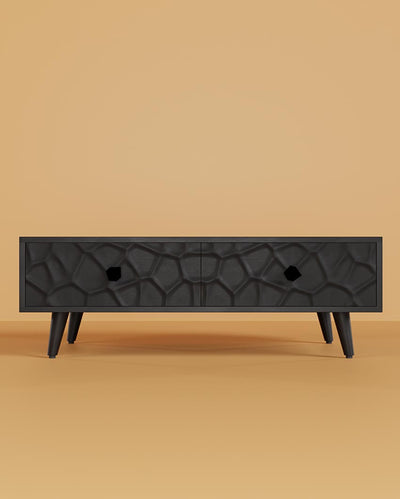 Unique Black Crater Two Drawer Coffee Table | 47 x 28 x 16 inches