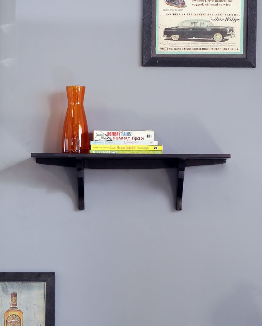 Solid Wood Fixed Bracket Wall Shelf in Black Color | 20 x 6 x 6 inches