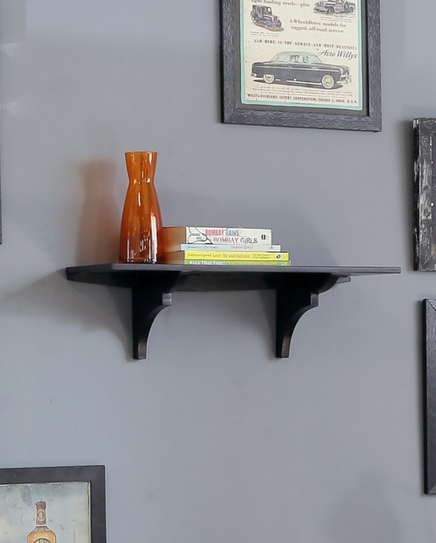 Solid Wood Fixed Bracket Wall Shelf in Black Color | 20 x 6 x 6 inches