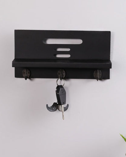 Wood Wall Hanging Shelf Key Holder with 3 Hooks in Black Color | 12 x 3 x 6 inches