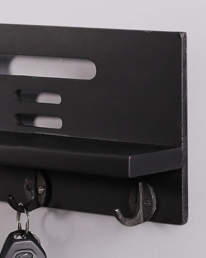 Wood Wall Hanging Shelf Key Holder with 3 Hooks in Black Color | 12 x 3 x 6 inches