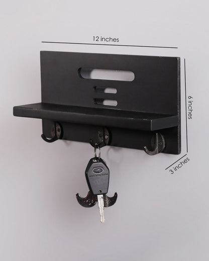 Wood Wall Hanging Shelf Key Holder with 3 Hooks in Black Color | 12 x 3 x 6 inches